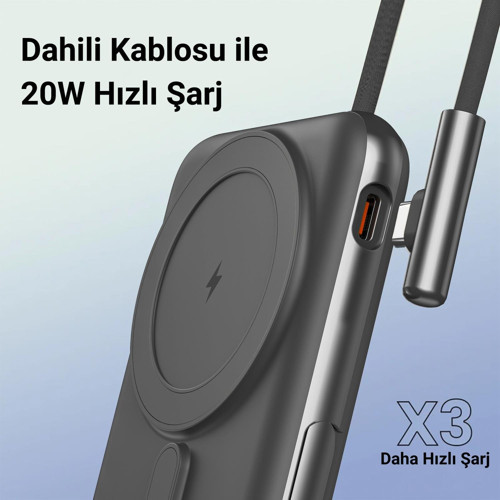Juo Magsafe Powerbank 10000 mAh Standlı 20W Dahili Type-C Kablolu Taşınabilir Hızlı Şarj Cihazı Siyah 4