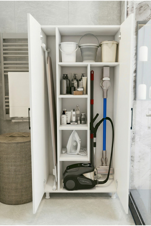 Çok Amaçlı Dolap Beyaz Banyo Düzenleyici Kiler Dolabı Kova Süpürge Deterjan Dolabı