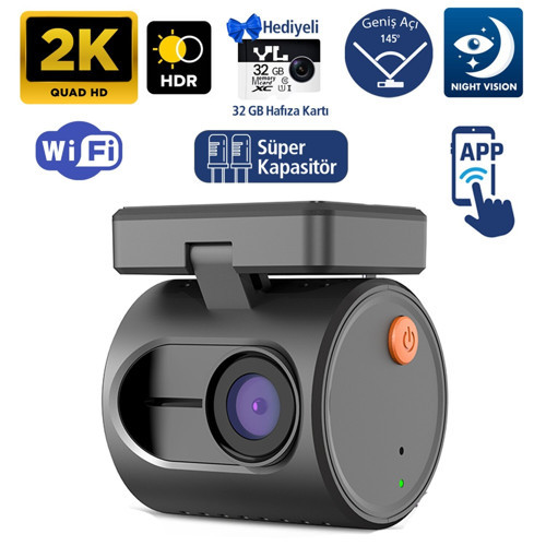 Mini 3 Gen2 2K 1296P WiFi 145° Geniş Açı Gece Görüşlü 32GB Hafıza Kartlı Akıllı Araç Kamerası