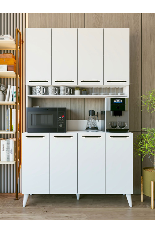 Kahve Köşesi Dolabı 8 Kapaklı Geniş Çok Amaçlı Mutfak Dolabı 120x200 Cm Parlak Beyaz