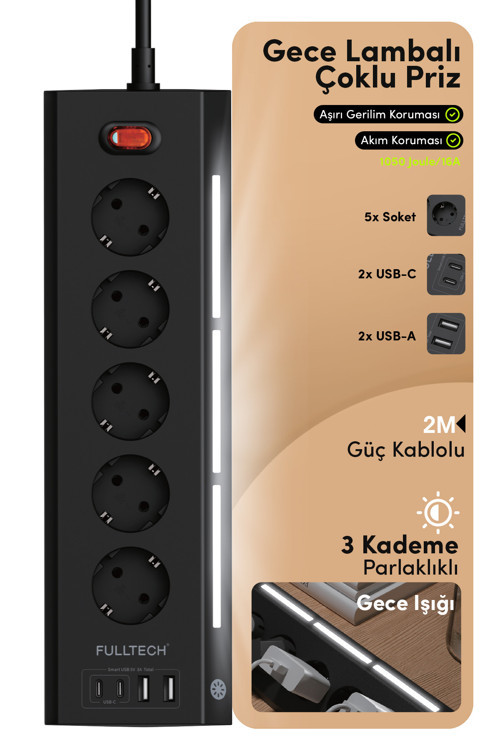 FTR-26 Akım Korumalı Priz Syah 9’lu (5 Priz + 2 USB-A + 2 USB-C) 3680W 16A, 2 Metre Kablolu