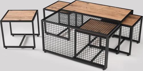 Ferforje Ahşap Tarz 4 Zigonlu Orta Sehpa 90x90x44 cm