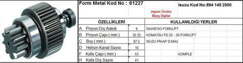 Marş Dişlisi 9Diş Isuzu D-Max Daweo Forklift-Komatsu Fd25 Forklift 10Kana Ds=9 Dkç=32,2 Boy=87,5 Ks=10 Gç=53 Kds=41 (1 Ad )