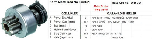 Marş Dişlisi 9 Diş 6 Kanal Mako Tipi Fıat 35Nc 50Nc Traktor Iveco Allıs Seat Alfa Romeo Freze İçte Yç.Fr. Ds=9 Dkç=34,7 Boy=78 Ks=6 Bdç=14,3 Gç=60 (1 Ad )