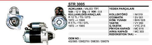 Marş Motoru 9 Diş 12V D9E Renault R12(72-98) Toros R 5 Tl/Ts/Gtl(72-85) Valeo Tip (1 Ad )