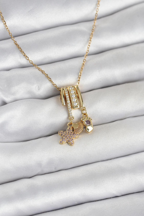 ieg™ 316L Çelik Gold Zirkon Taşlı Deniz Tema Charmlı Kadın Kolye - TJ-BKO11013
