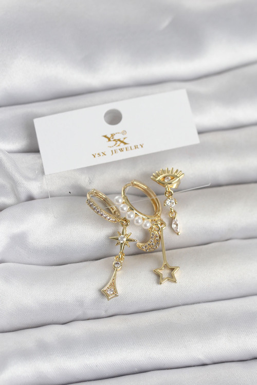 ieg™ Pirinç Gold Renk Zirkon Taşlı Gece Temalı 3'lü Kadın Küpe - TJ-BKP11705