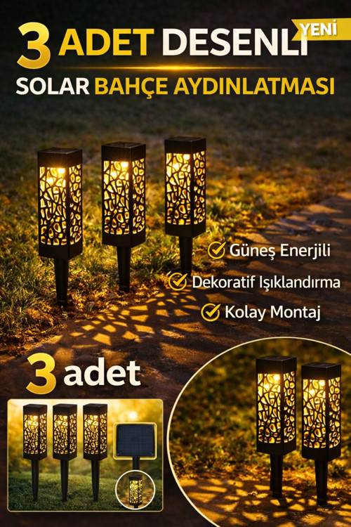 Desenli Solar Bahçe Aydınlatması Güneş Enerjili Çim Lambası, Yürüyüş Yolu Ve Dış Mekan Işığı 3 ADET