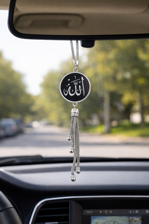 Allah & Muhammed Yazılı Dikiz Aynası Süsü Siyah Gümüş