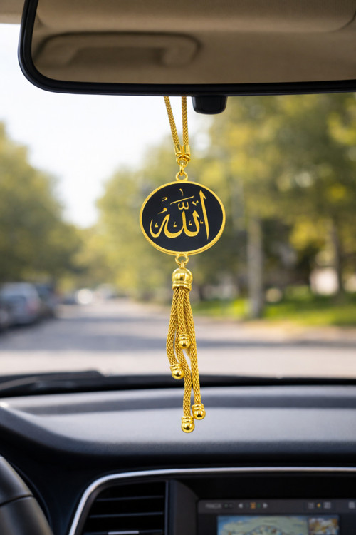 Allah & Muhammed Yazılı Dikiz Aynası Süsü Siyah Gold
