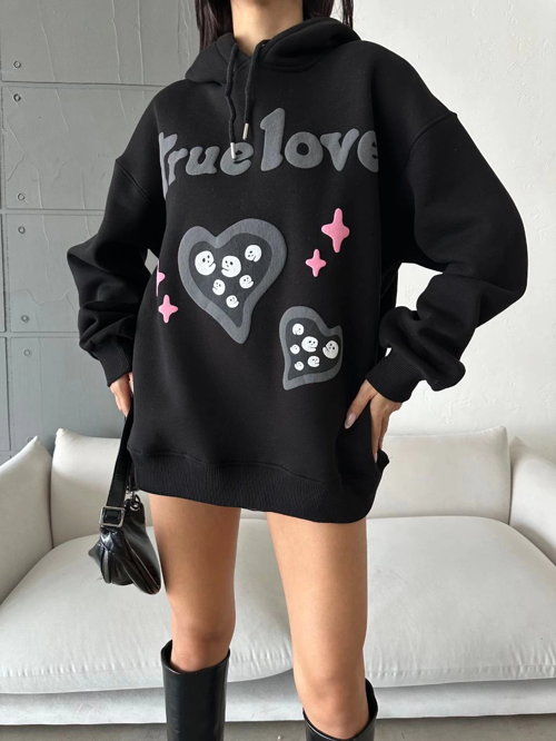 3 iplik şardonlu oversize true baskılı sweat siyah