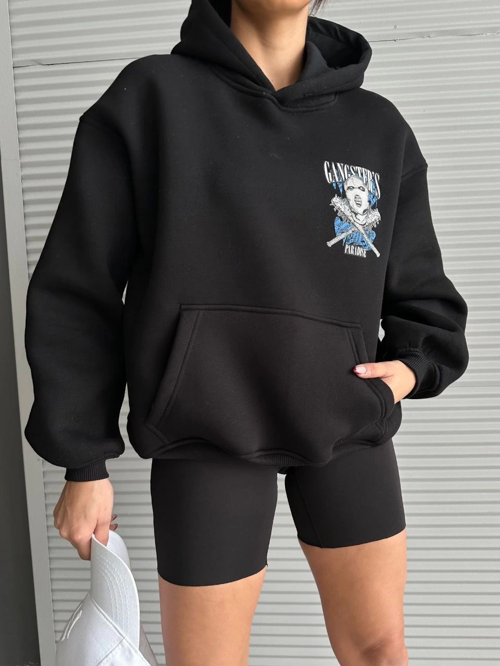 3 iplik şardonlu oversize kafa baskılı sweat siyah
