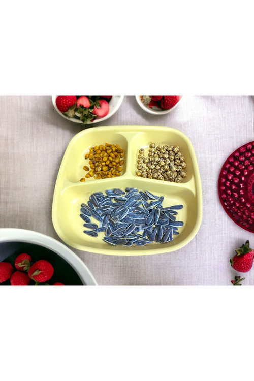 1 Adet 3 Bölmeli Kahvaltı Tabağı Plastik Piknik Çerez Yemek Servis Tabağı Sarı 21,5X23X3,5Cm