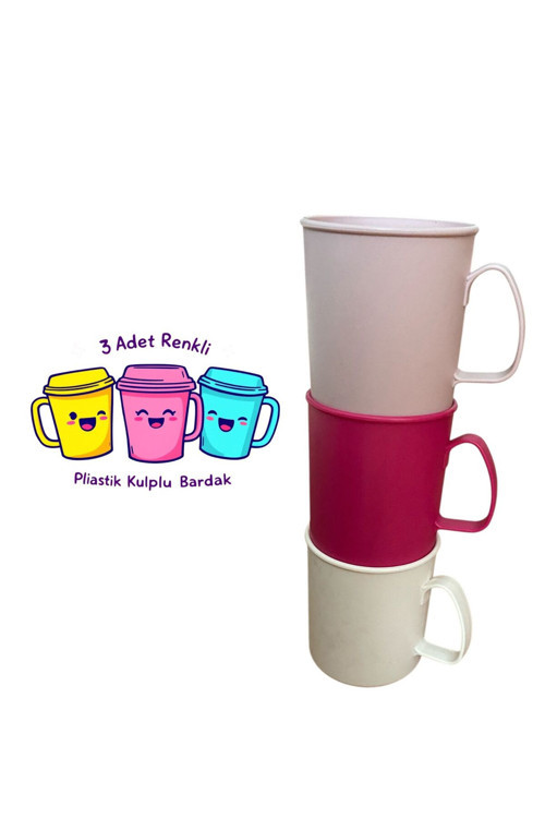3 Adet Plastik Kulplu Kupa Bardak Plastik Su, Meşrubat Bardağı 300Ml 8,5(H)X7,5Cm