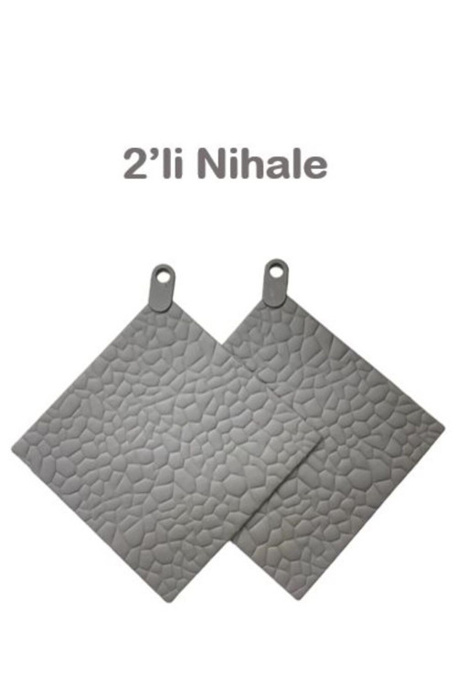2 Adet Silikon Yanmaz Taş Desenli Nihale, Çaydanlık, Tencere Altlığı , Gri 16X16Cm