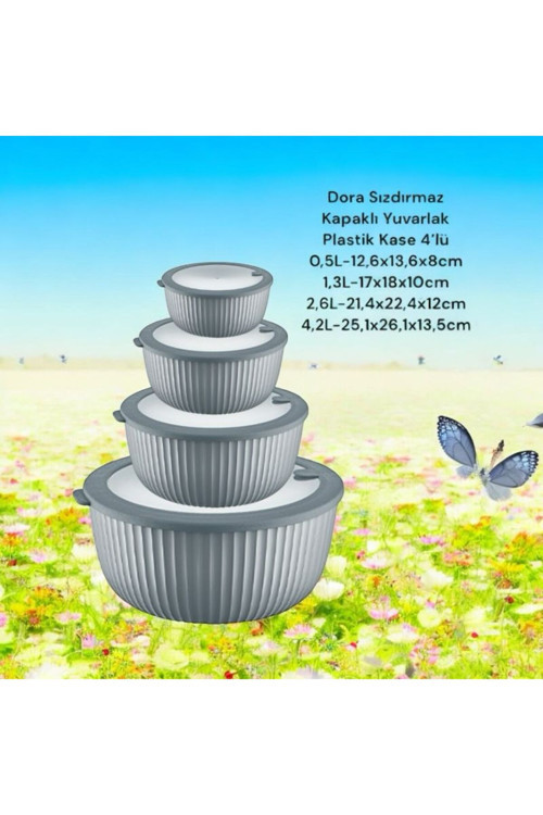 4'Lü Dora Sızdırmaz Kapaklı Yuvarlak Plastik Kase Gri