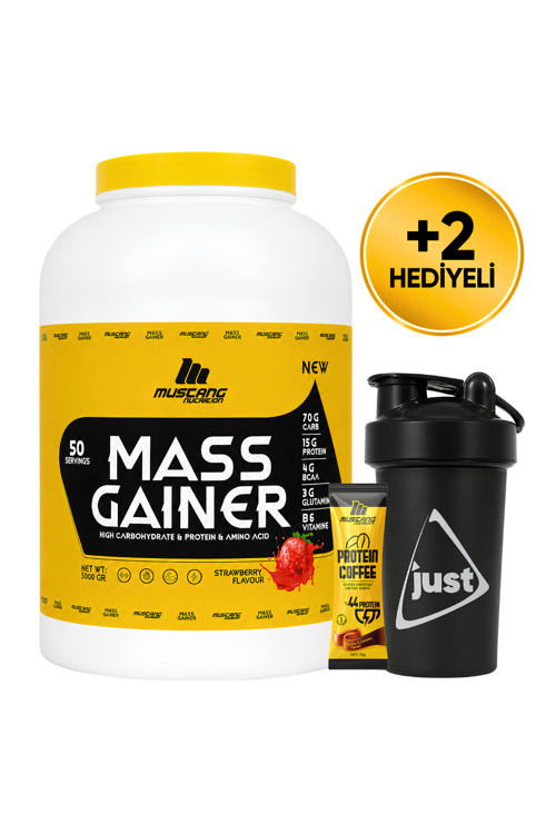 Mass Gainer Karbonhidrat Tozu 5000 Gr 50 Servis Çilek + Shaker + Protein Kahve Hediyeli