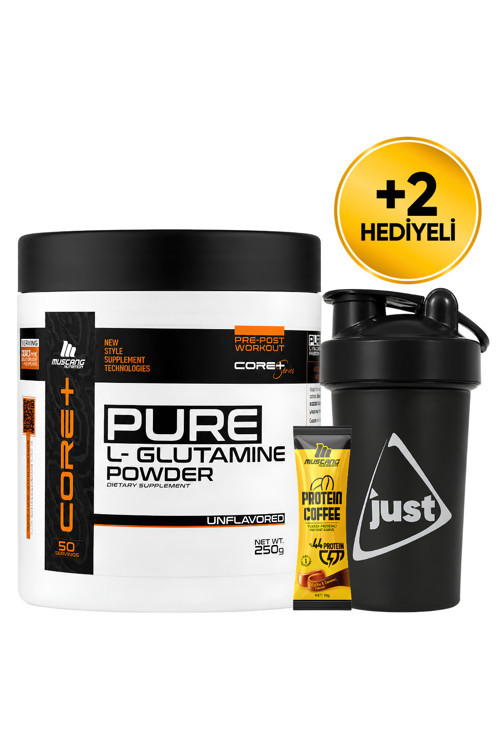 Core+ Pure L-Glutamine Powder 250 Gr Glutamin 50 Servis + Shaker + Protein Kahve Hediyeli