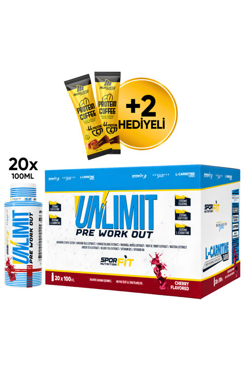 Unlimit Pre-Workout Amino Asit Tozu 20x100 ML Shot Vişne Aromalı + 2 x Protein Kahve Hediyeli