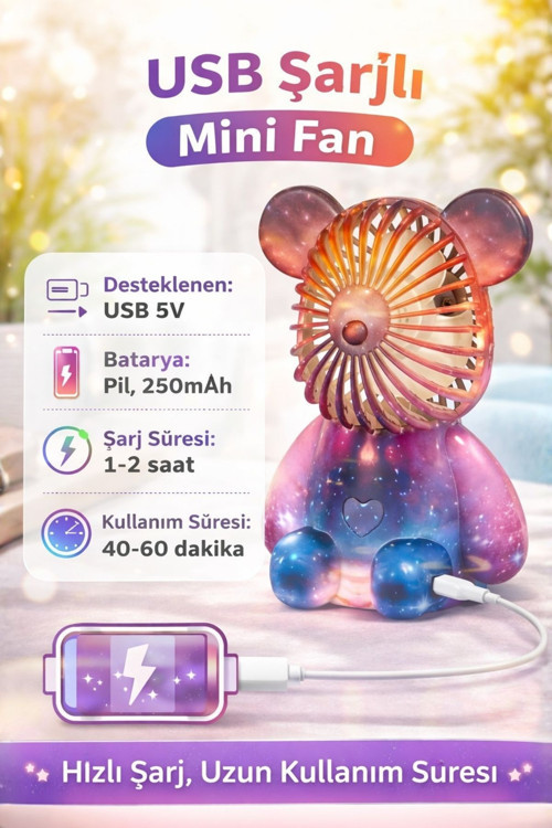 DSM-901 Şarjlı Mini El Ve Masa Fanı Ayıcık Figürlü Mini El Pervanesi