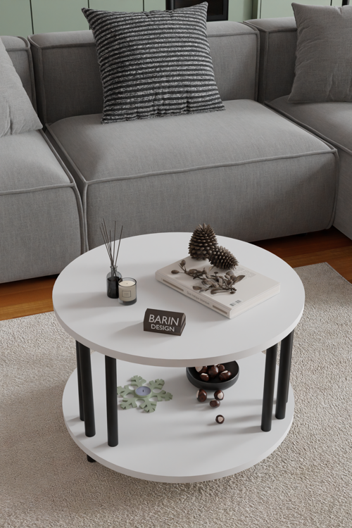 Modern Yuvarlak Orta Sehpa Çift Katlı Siyah Metal Ayaklı Salon, Ofis, Dekoratif Masa