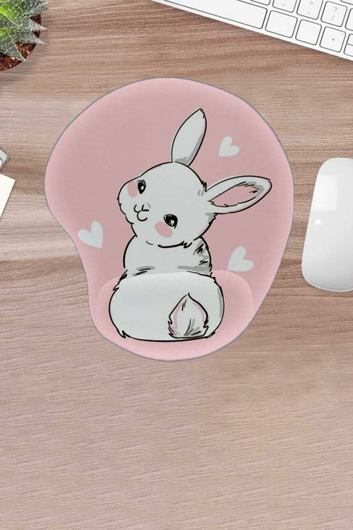 Damla, Pembe Tavşan, Komik Tatlı Tavşan Desenli Mousepad, Bilek Destekli, Konforlu Mousepad