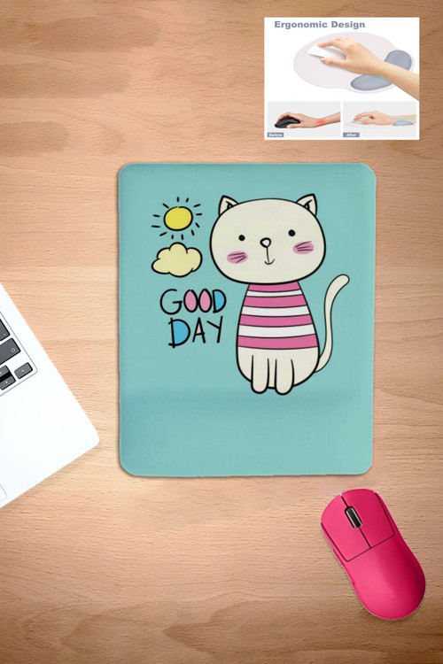 Dikdörtgen, Kedi Desenli, Good Day, Bilek Destekli Mousepad, Bilgisayar Faresi Aksesuarı, Mavi