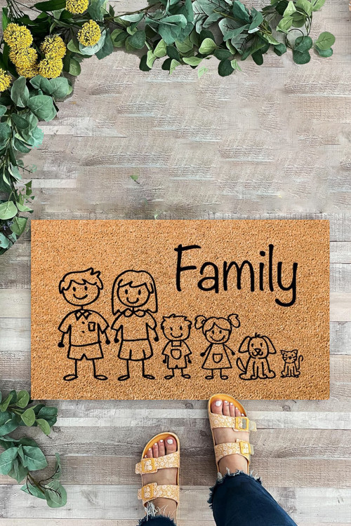 Family, Desenli, Dekoratif İç Dış Kapı Önü Paspası