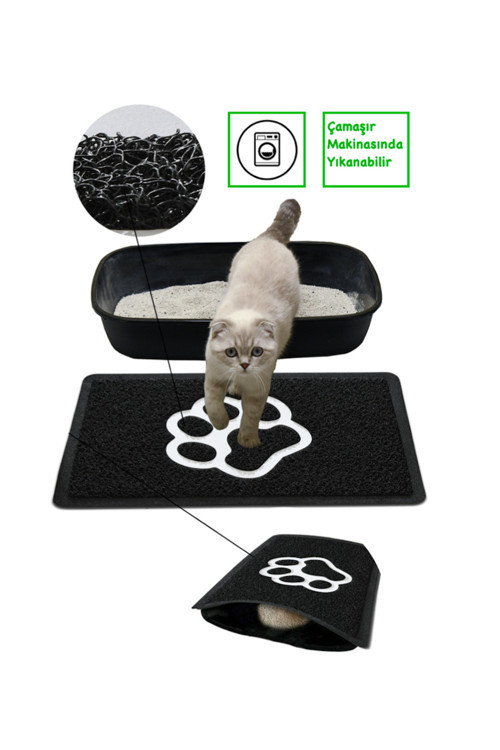 Kedi Kumu Paspası, Elekli Kedi Tuvaleti Önü Paspası, Kıvırcık Paspas, 40*60-Siyah