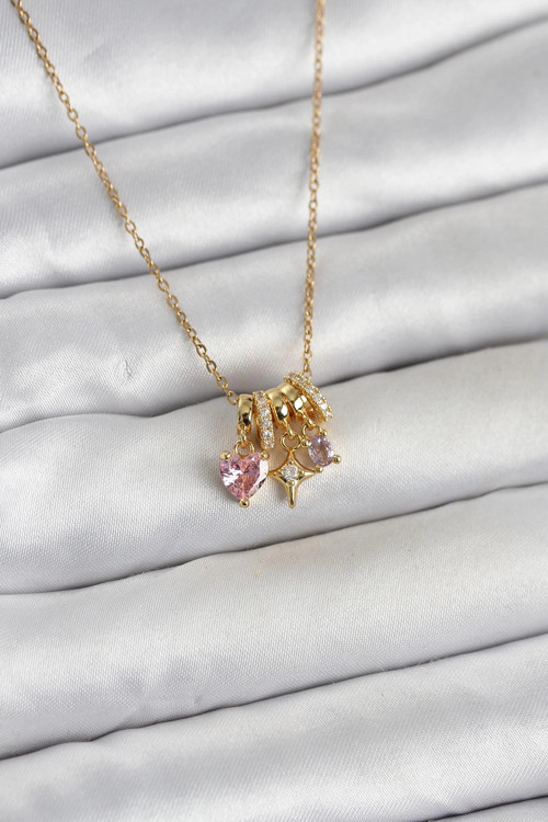 316L Çelik Gold Pembe Zirkon Taşlı Charmlı Kadın Kolye