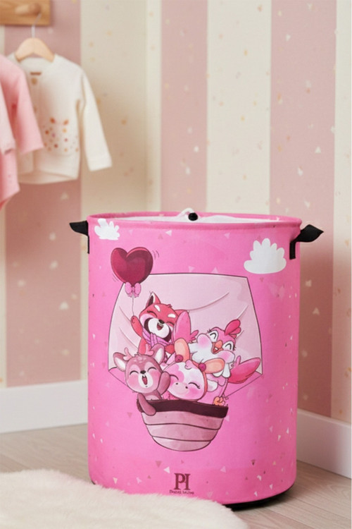 Pembe Düşler Ağzı Büzgülü Katlanır Kirli Çamaşır Dolap İçi Oyuncak Saklama Sepeti 32X40