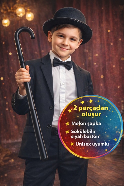 Charlie Chaplin Baston ve Melon Şapka Seti 90 cm Sihirbaz Parti Gösteri - 5 - 12 Yaş