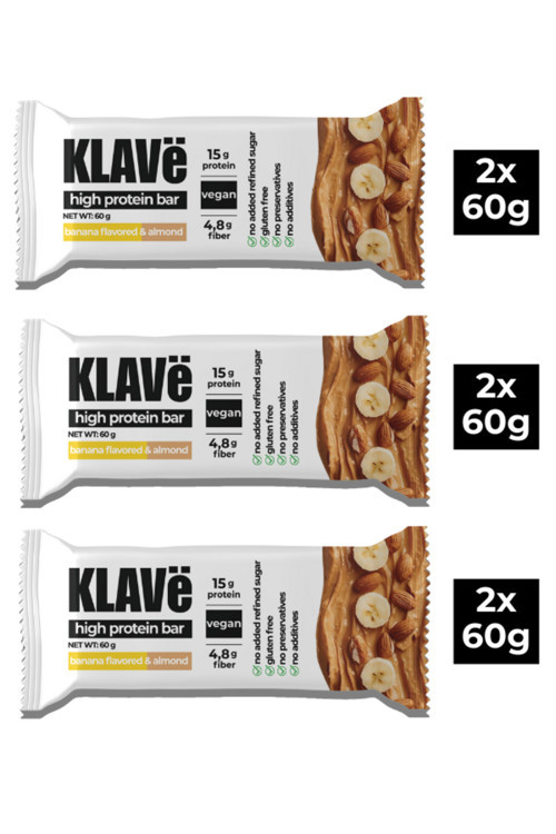 Yüksek Protein Bar Muz Aromalı ve Bademli - 60 g x 6 Adet - 15g Protein, Vegan ve Glutensiz