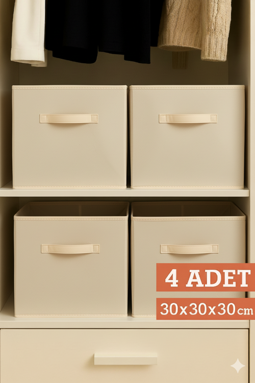 4’Lü Krem Kumaş Dolap İçi Düzenleyici Kutu - 30X30X30 Cm Katlanabilir Çok Amaçlı Saklama Kutusu