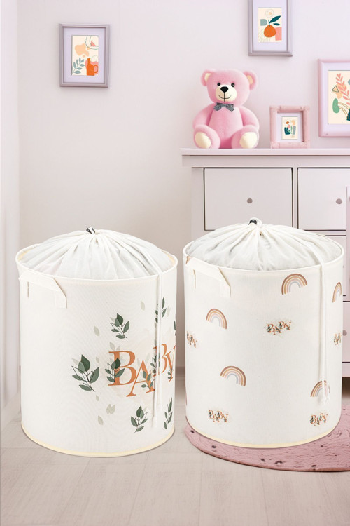Baby Ve Gökkuşağı Tasarımlı 2'Li Çocuk Odası Saklama Kutusu Düzenleyici Oyuncak Kirli Sepeti 32x40