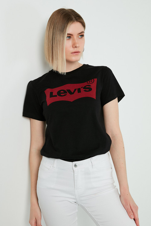 Baskılı Bisiklet Yaka % 100 Pamuk Bayan T Shirt 17369-1311 SİYAH