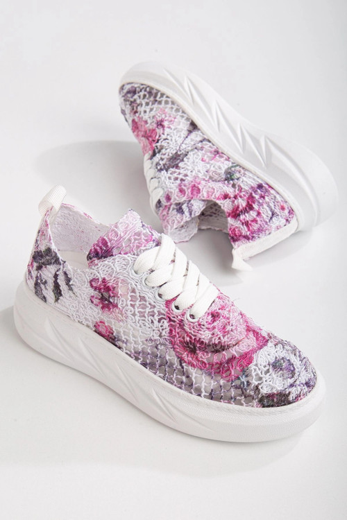 Mor Çiçek Desenli Dantel Detaylı Sneakers