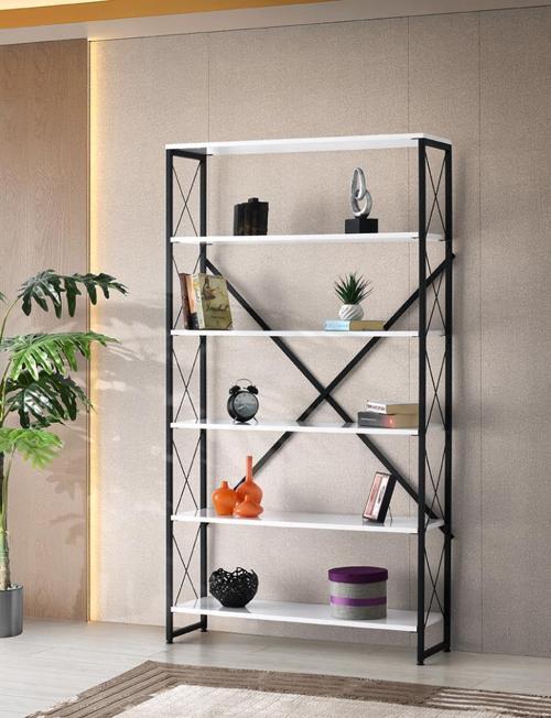 Ferforje Beyaz Ahşap 5 Raflı Kitaplık 100 x 30 x 180 cm