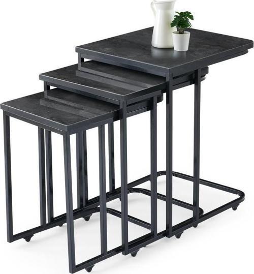 High Gloss Parlak Mermer Desen 3lü C Zigon Sehpa
