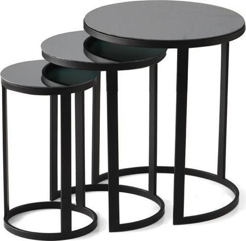 Sedef Ayna Camlı Metal Yuvarlak 3'lü Zigon Sehpa
