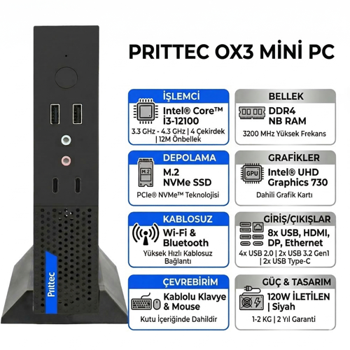 PRITTEC OX3 Intel Core i3-12100 20GB 512GB SSD Windows 11 Pro Mini PC Q7-TH610Lİ3121008 017