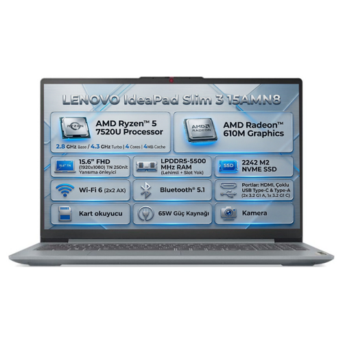 IdeaPad Slim 3 15AMN8 AMD Ryzen 5 7520U 8GB 1TB SSD 15.6" FHD W11P Laptop 82XQ00RWTX 003