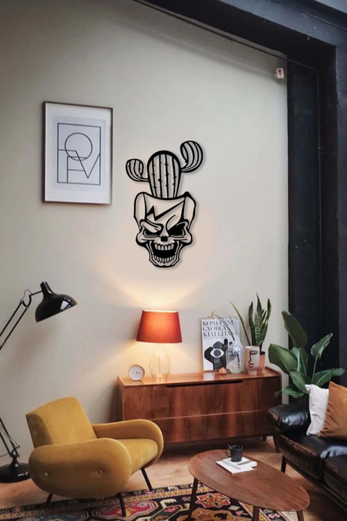 kurukafalı Kaktüs Figürlü Metal Tablo - Gotik Dekoratif Metal Duvar Tablosu - 40X65 Cm