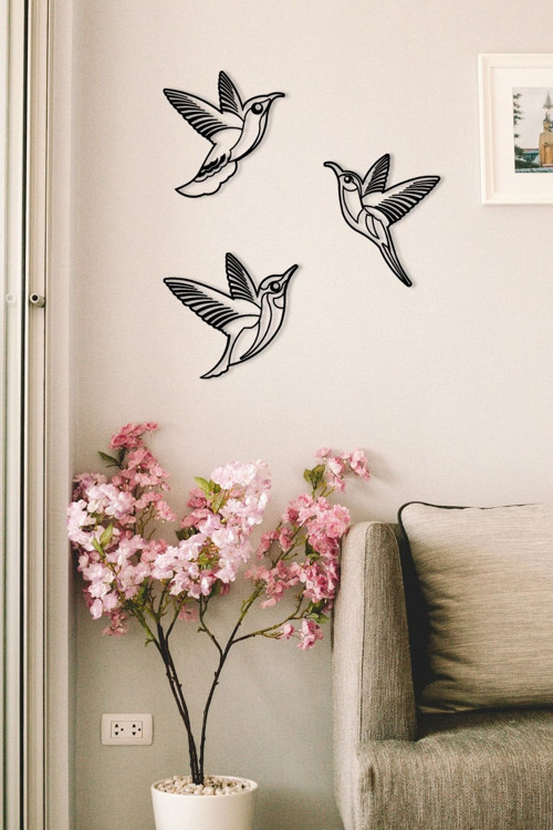 3'Lü Set Kuşlar Metal Tablo - Bohem Dekoratif Metal Duvar Tablosu - 38X32 Cm