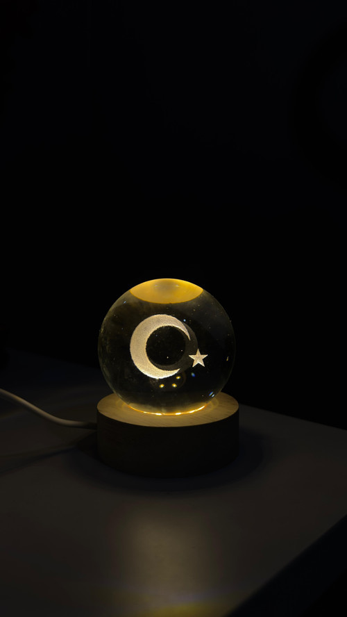 3D KRİSTAL AY YILDIZ CAM KÜRE GECE LAMBASI ŞIK HAVALI MASA DEKORASYONU