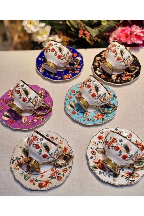 6'lı Porselen Flora Gold Mix Kahve Fincanı