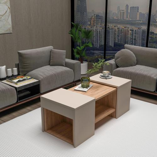 Sartos 3'lü Zigonlu Modern Orta Sehpa Salon Sehpası, Atlantik Çam Bej - Sartos