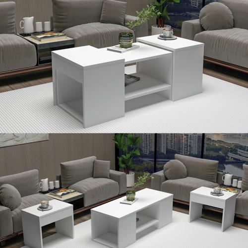 Sartos 3'lü Zigonlu Modern Orta Sehpa Salon Sehpası, Beyaz - Sartos