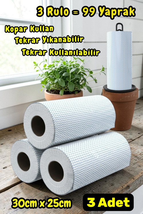 33 Yaprak Kopar Kullan Rulo Hassas Temizlik Bezi Mavi 25x30cm 3 Rulo Adet