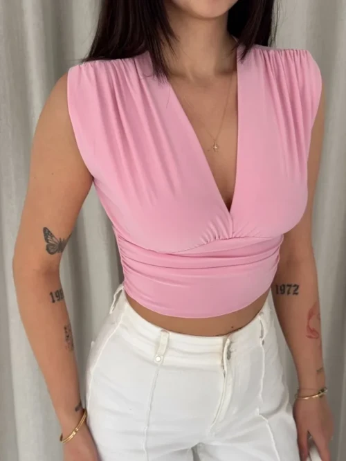 Vatkalı Kolsuz V Yaka Drapeli Crop Bluz Likralı Fit - Pembe